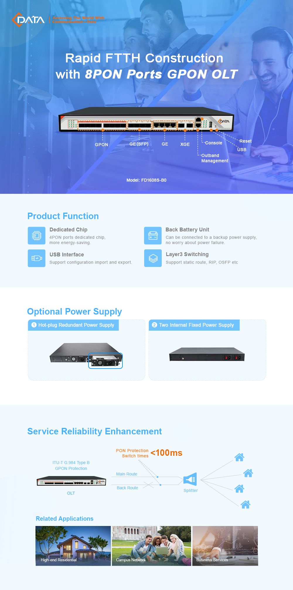 8 Gpon Ports Single Built-in Power Supply Olt with USB Interface
