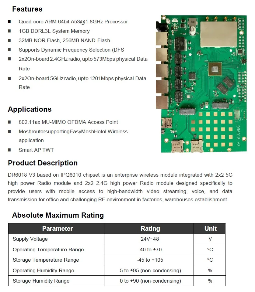 Dr6018 V3 Quad-Core Arm 64bit A53 Qualcomm-Atheros Ipq6010 Motherboard