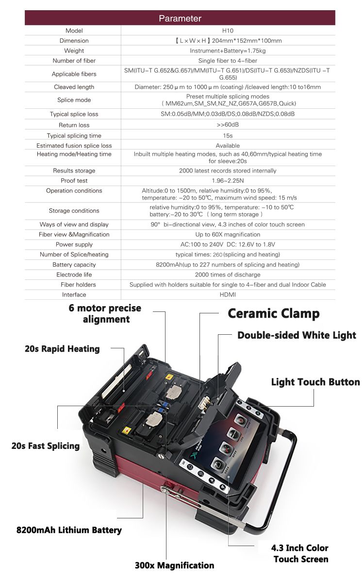 H10 Fusion Splicer Fiber Optic Networking Equipment for Datacom and Telecom