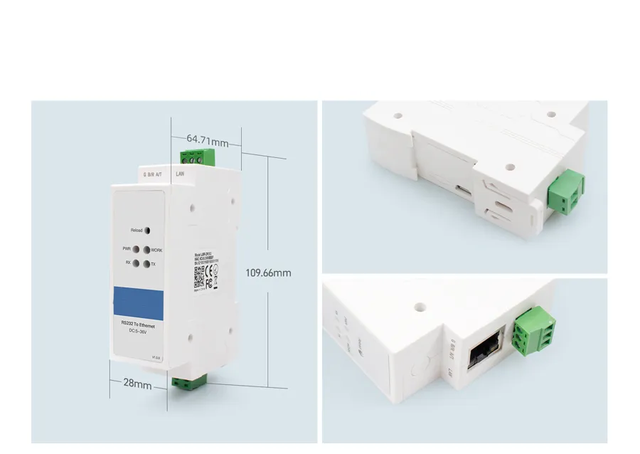 TCP/IP, UDP, ARP, ICMP, Ipv4 DIN Rail RS232 to Ethernet Converters
